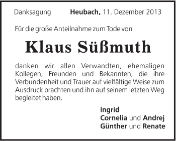 Traueranzeige von Klaus Süßmuth von Gmünder Tagespost