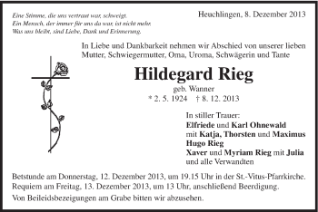 Traueranzeige von Hildegard Rieg von Gmünder Tagespost