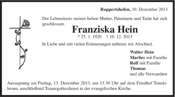 Traueranzeige von Franziska Hein von Gmünder Tagespost