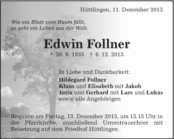 Traueranzeige von Edwin Follner von Schwäbische Post