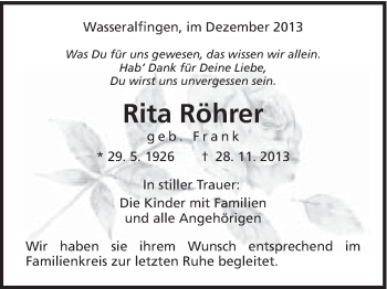 Traueranzeige von Rita Röhrer von Schwäbische Post