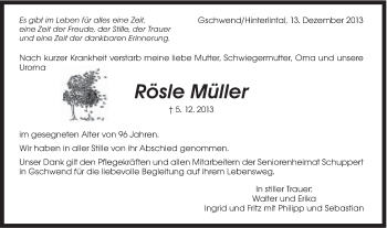 Traueranzeige von Rösle Müller von Gmünder Tagespost