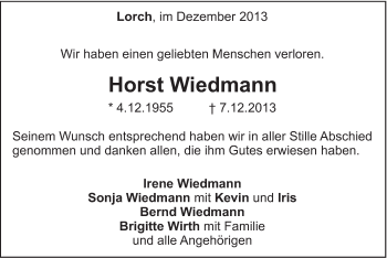 Traueranzeige von Horst Wiedmann von Gmünder Tagespost