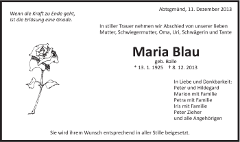 Traueranzeige von Maria Blau von Schwäbische Post