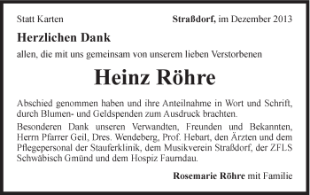 Traueranzeige von Heinz Röhre von Gmünder Tagespost