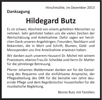 Traueranzeige von Hildegard Butz von Gmünder Tagespost