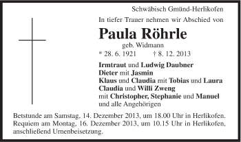 Traueranzeige von Paula Röhrle von Gmünder Tagespost