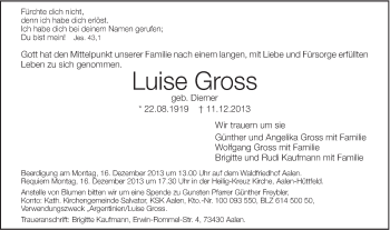 Traueranzeige von Luise Gross von Schwäbische Post