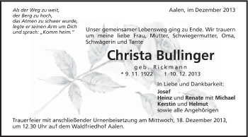 Traueranzeige von Christa Bullinger von Schwäbische Post