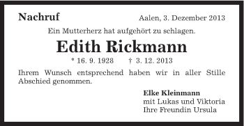 Traueranzeige von Edith Rickmann von Schwäbische Post