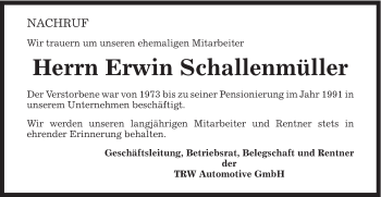 Traueranzeige von Erwin Schallenmüller von Gmünder Tagespost