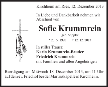 Traueranzeige von Sofie Krummrein von Schwäbische Post