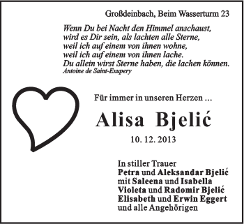 Traueranzeige von Alisa Bjelic von Gmünder Tagespost