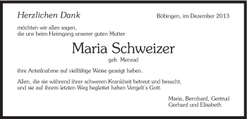 Traueranzeige von Maria Schweizer von Gmünder Tagespost