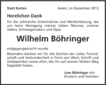 Traueranzeige von Wilhelm Böhringer von Schwäbische Post