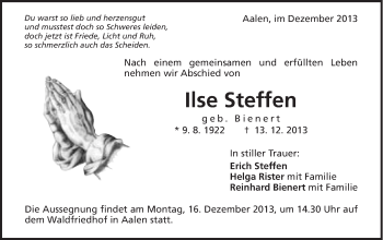 Traueranzeige von Ilse Steffen von Schwäbische Post