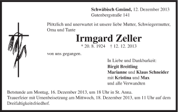 Traueranzeige von Irmgard Zeller von Gmünder Tagespost