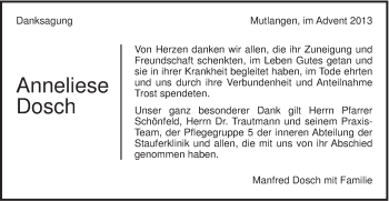 Traueranzeige von Anneliese Dosch von Gmünder Tagespost