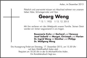 Traueranzeige von Georg Weng von Schwäbische Post