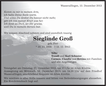 Traueranzeige von Sieglinde Groß von Schwäbische Post