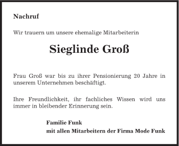 Traueranzeige von Sieglinde Groß von Schwäbische Post