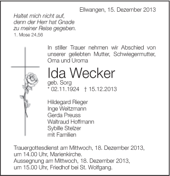 Traueranzeige von Ida Wecker von Schwäbische Post