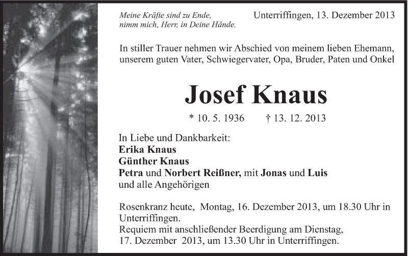  Traueranzeige für Josef Knaus vom 16.12.2013 aus Schwäbische Post