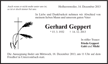 Traueranzeige von Gerhard Geppert von Schwäbische Post