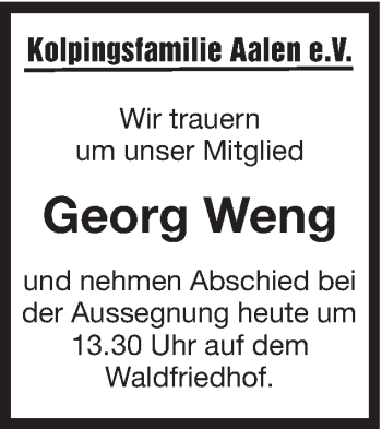 Traueranzeige von Georg Weng von Schwäbische Post