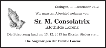 Traueranzeige von Klothilde Lorenz von Schwäbische Post