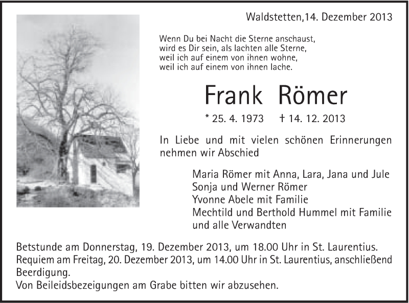  Traueranzeige für Frank Römer vom 17.12.2013 aus Gmünder Tagespost