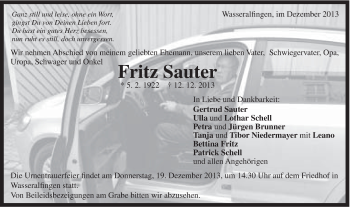 Traueranzeige von Fritz Sauter von Schwäbische Post