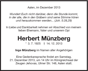 Traueranzeige von Herbert Münzberg von Schwäbische Post