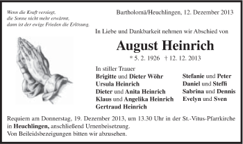 Traueranzeige von August Heinrich von Gmünder Tagespost