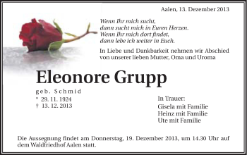 Traueranzeige von Eleonore Grupp von Schwäbische Post
