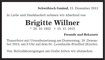 Traueranzeige von Brigitte Willner von Gmünder Tagespost