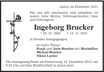 Traueranzeige von Ingeborg Brucker von Schwäbische Post
