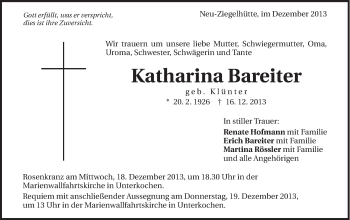 Traueranzeige von Katharina Bareiter von Schwäbische Post