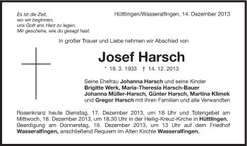 Traueranzeige von Josef Harsch von Schwäbische Post