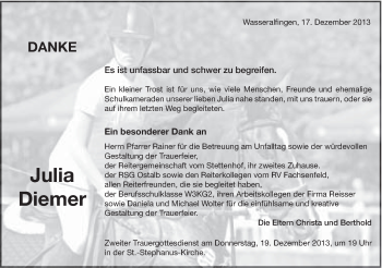 Traueranzeige von Julia Diemer von Schwäbische Post