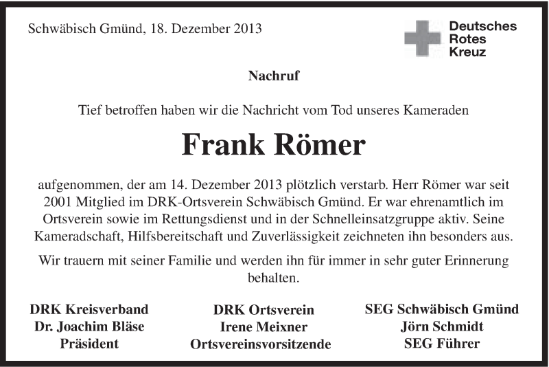  Traueranzeige für Frank Römer vom 18.12.2013 aus Gmünder Tagespost