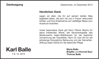 Traueranzeige von Karl Balle von Schwäbische Post