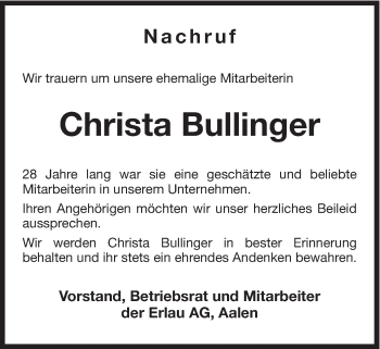 Traueranzeige von Christa Bullinger von Schwäbische Post