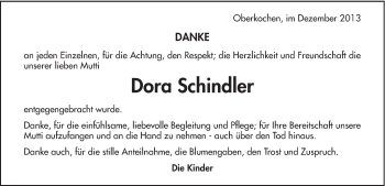 Traueranzeige von Dora Schindler von Schwäbische Post