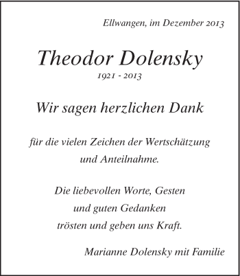 Traueranzeige von Theodor Dolensky von Schwäbische Post