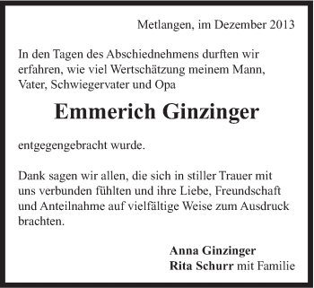 Traueranzeige von Emmerich Ginzinger von Gmünder Tagespost