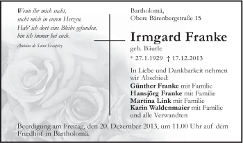 Traueranzeige von Irmgard Franke von 020