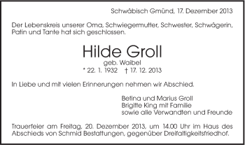 Traueranzeige von Hilde Groll von Gmünder Tagespost