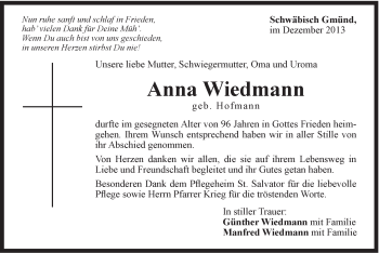 Traueranzeige von Anna Wiedmann von Gmünder Tagespost