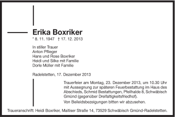 Traueranzeige von Erika Boxriker von Gmünder Tagespost